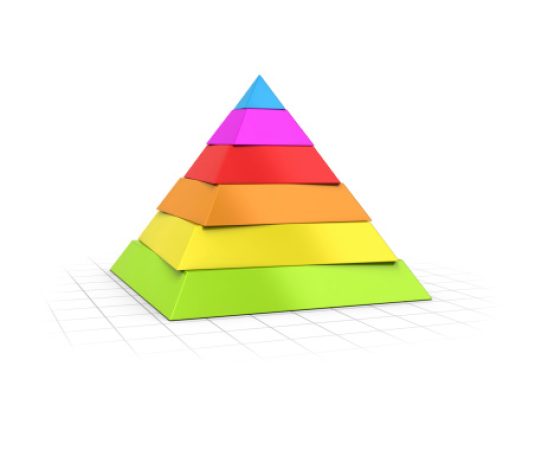 Conceptual 3D render of a six layers pyramid over perspective background.